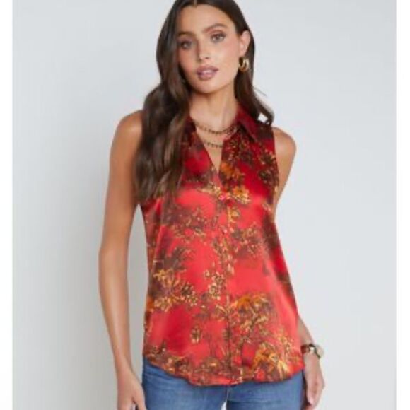 NWT L'AGENCE Emmy Sleeveless Silk Blouse High Risk Red Multi Jungle Toile Small - Picture 1 of 12
